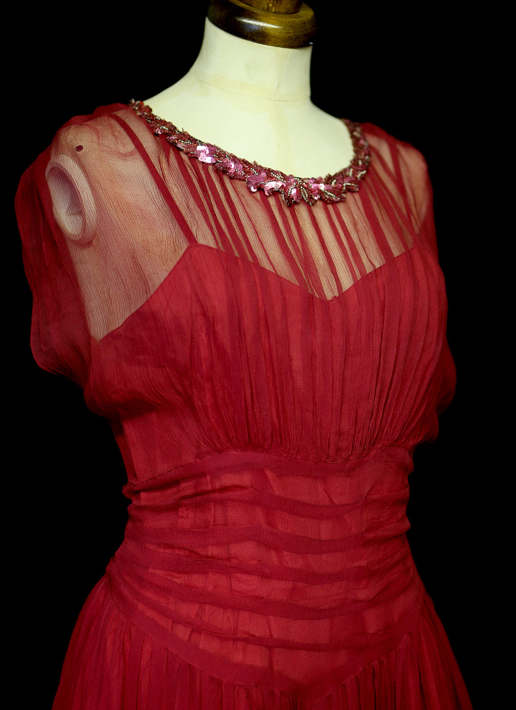 Vintage 1940s Claret Red Silk Chiffon Gown