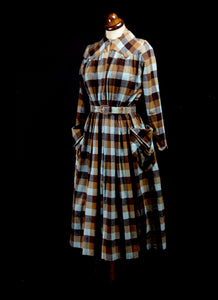 Vintage 1940s Brown Plaid Wool Dress