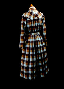 Vintage 1940s Brown Plaid Wool Dress