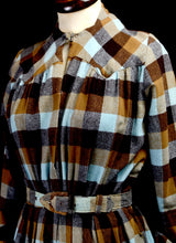 Vintage 1940s Brown Plaid Wool Dress