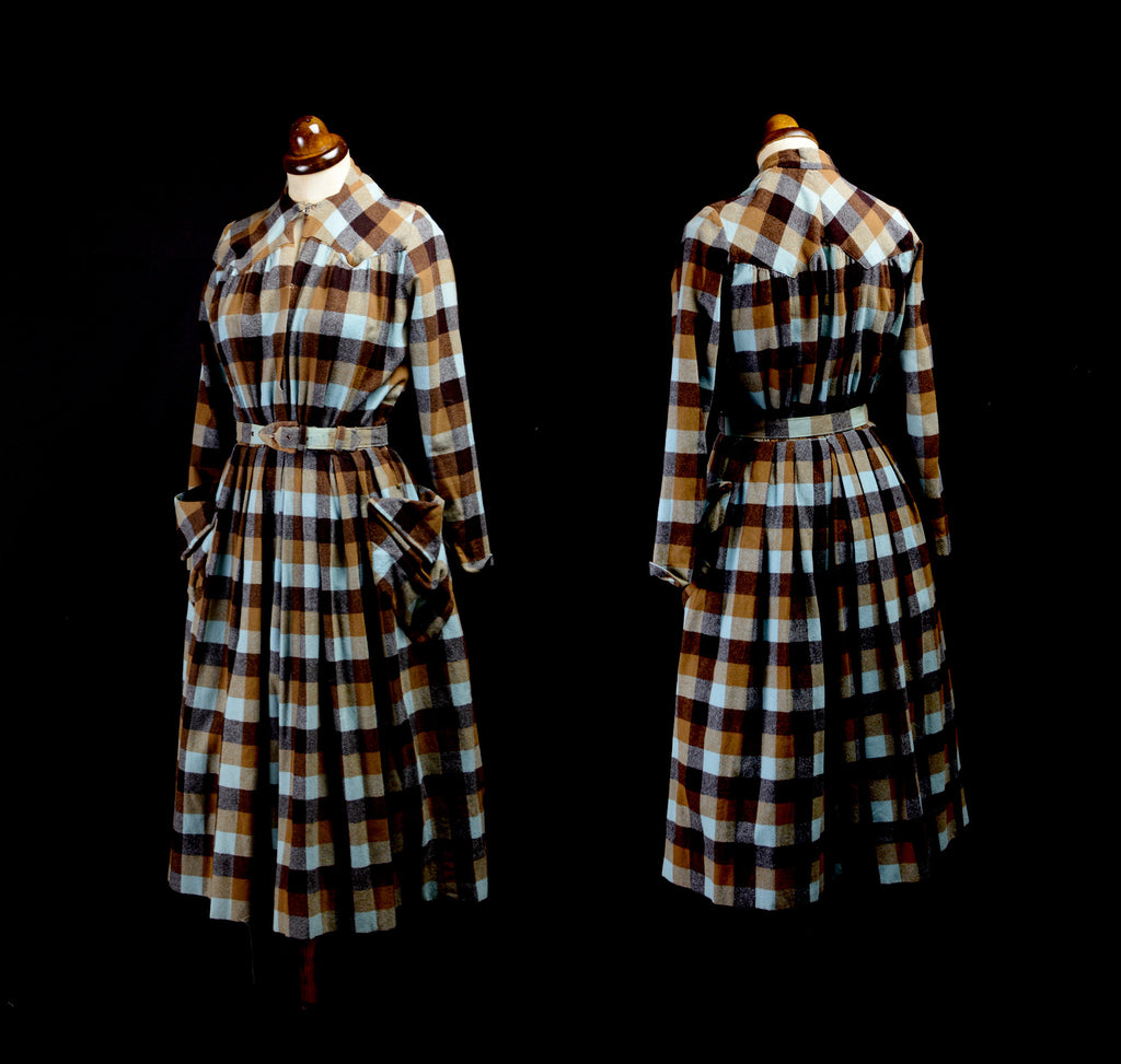 Vintage 1940s Brown Plaid Wool Dress