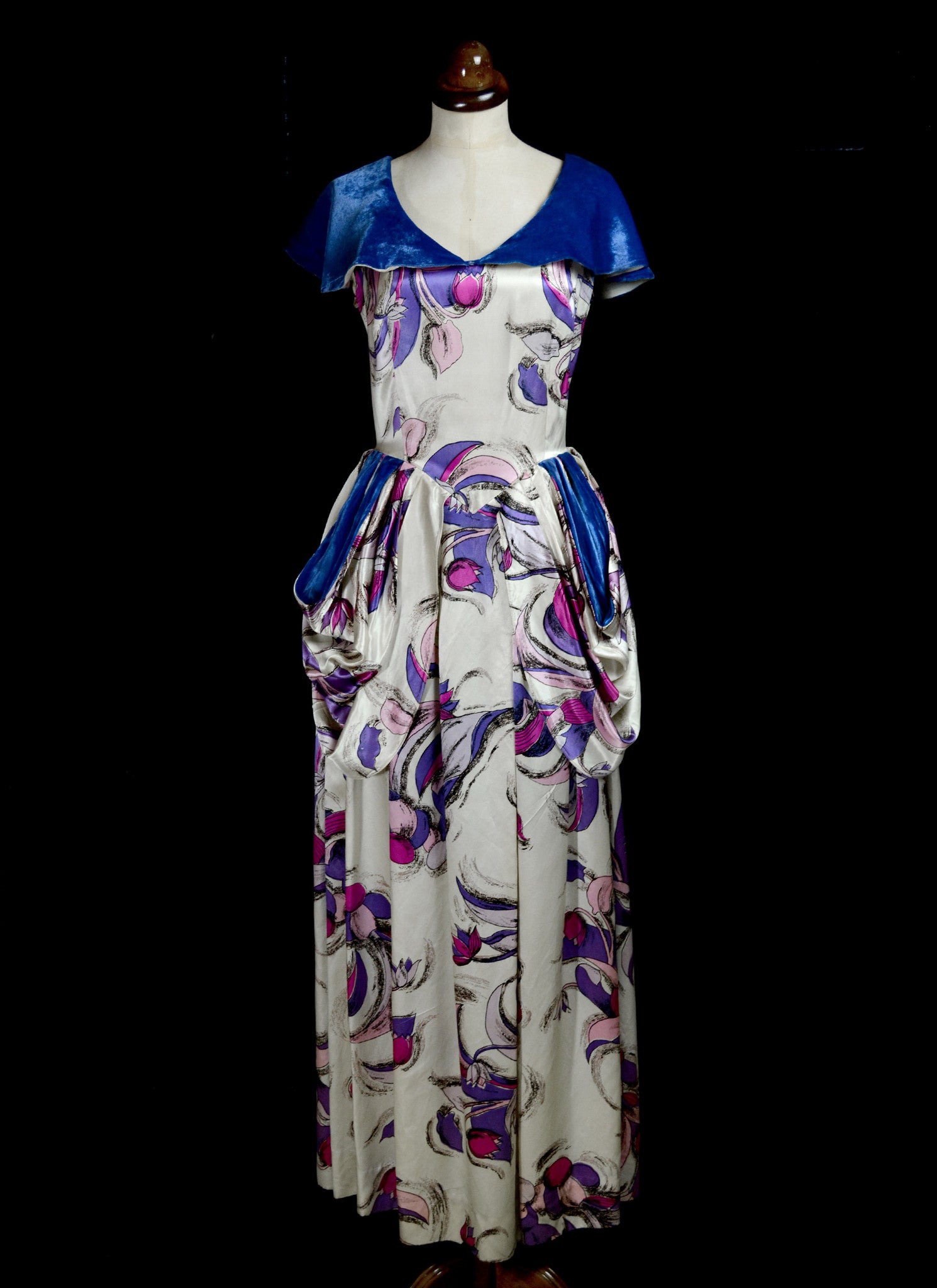 Vintage 1940s Blue Sally Slade Satin Gown