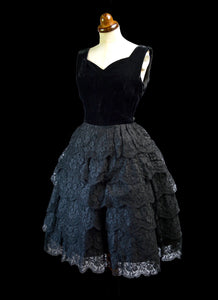 Vintage 1950s Black Velvet Lace Cocktail Dress