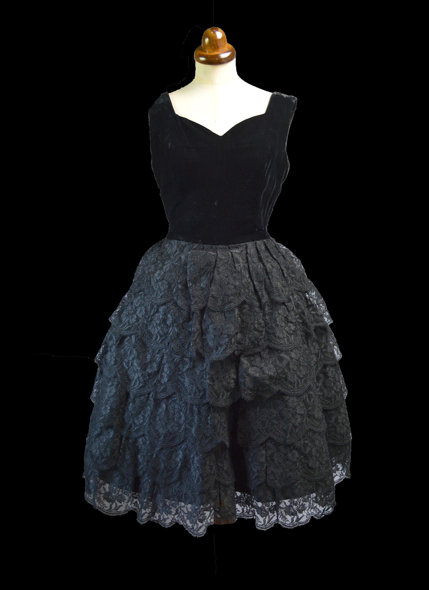Vintage 1950s Black Velvet Lace Cocktail Dress