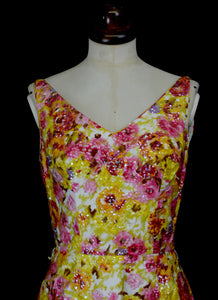 Vintage 1950s Floral Pink Sequin Wiggle Dress