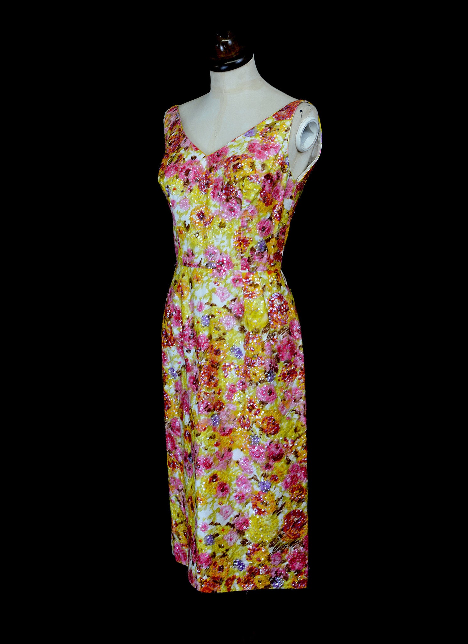 Vintage 1950s Floral Pink Sequin Wiggle Dress