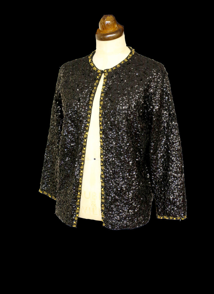 Vintage 1950s Black Gold Sequin Cardigan