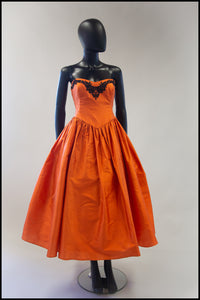 Vintage 1980s Orange Silk Full Skirt Dress M
