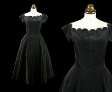 Vintage 1950s Charcoal Black Velvet Scallop Dress