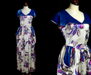 Vintage 1940s Blue Sally Slade Satin Gown