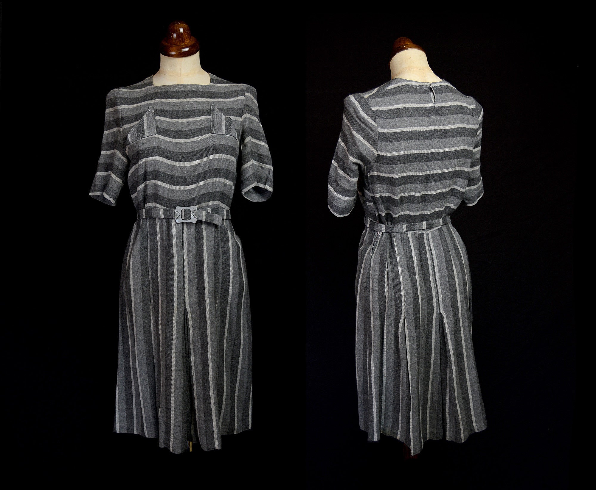 Vintage 1930s Grey Wool Deco Day Dress
