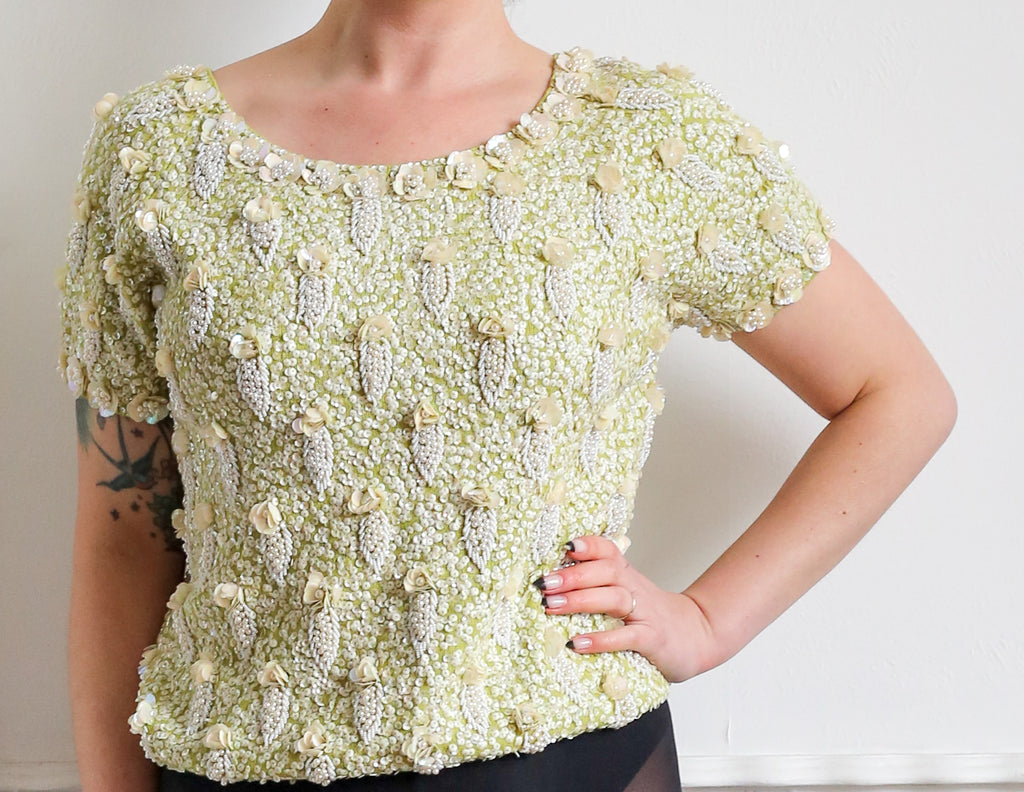 Vintage 1950s Lime Green Pearl Beaded Top