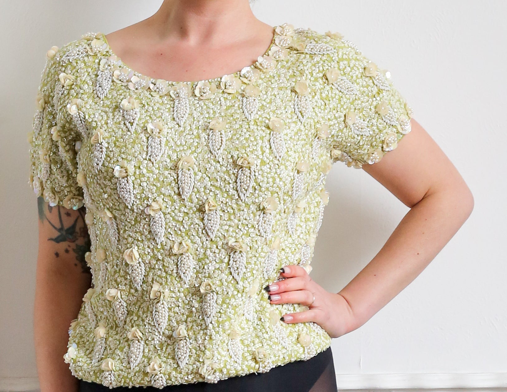 Vintage 1950s Lime Green Pearl Beaded Top