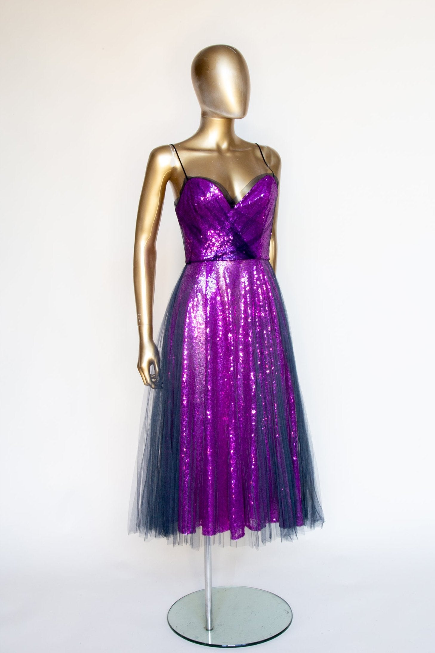 magenta pink sequin tulle midi dress by alexandra king