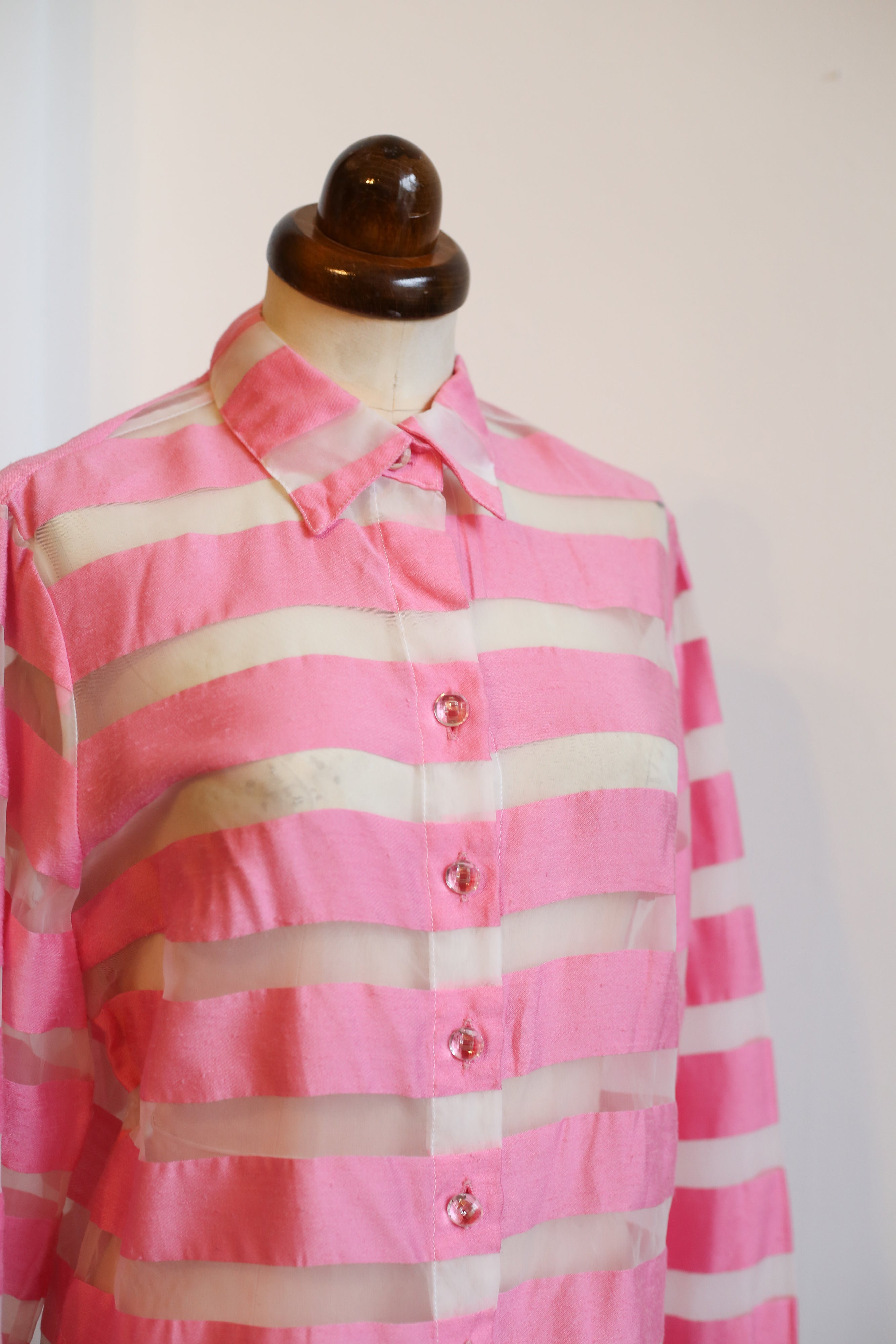 Vintage 1980s Candy Pink White Stripe Silk Blouse