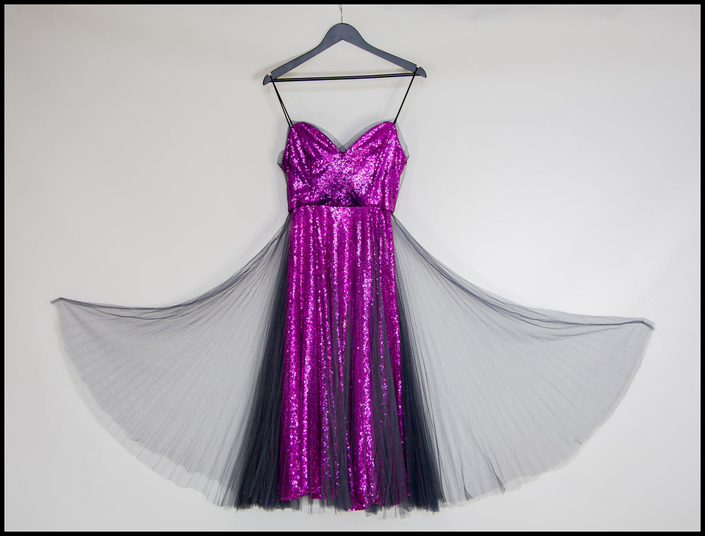 magenta pink sequin tulle midi dress by alexandra king