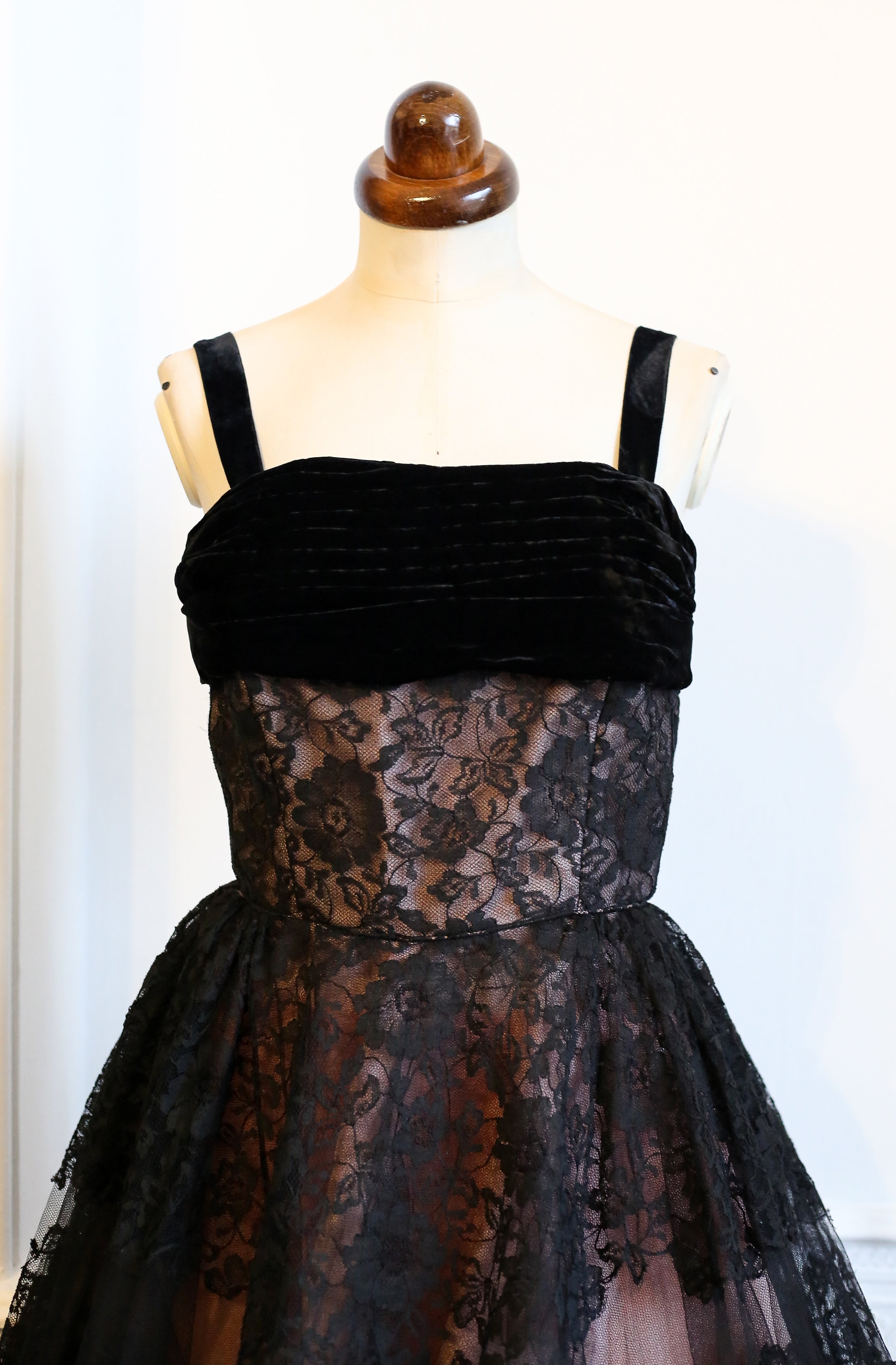 Vintage 1950s Black Pink Lace Tulle Cocktail Dress  ALEXANDRA-KING