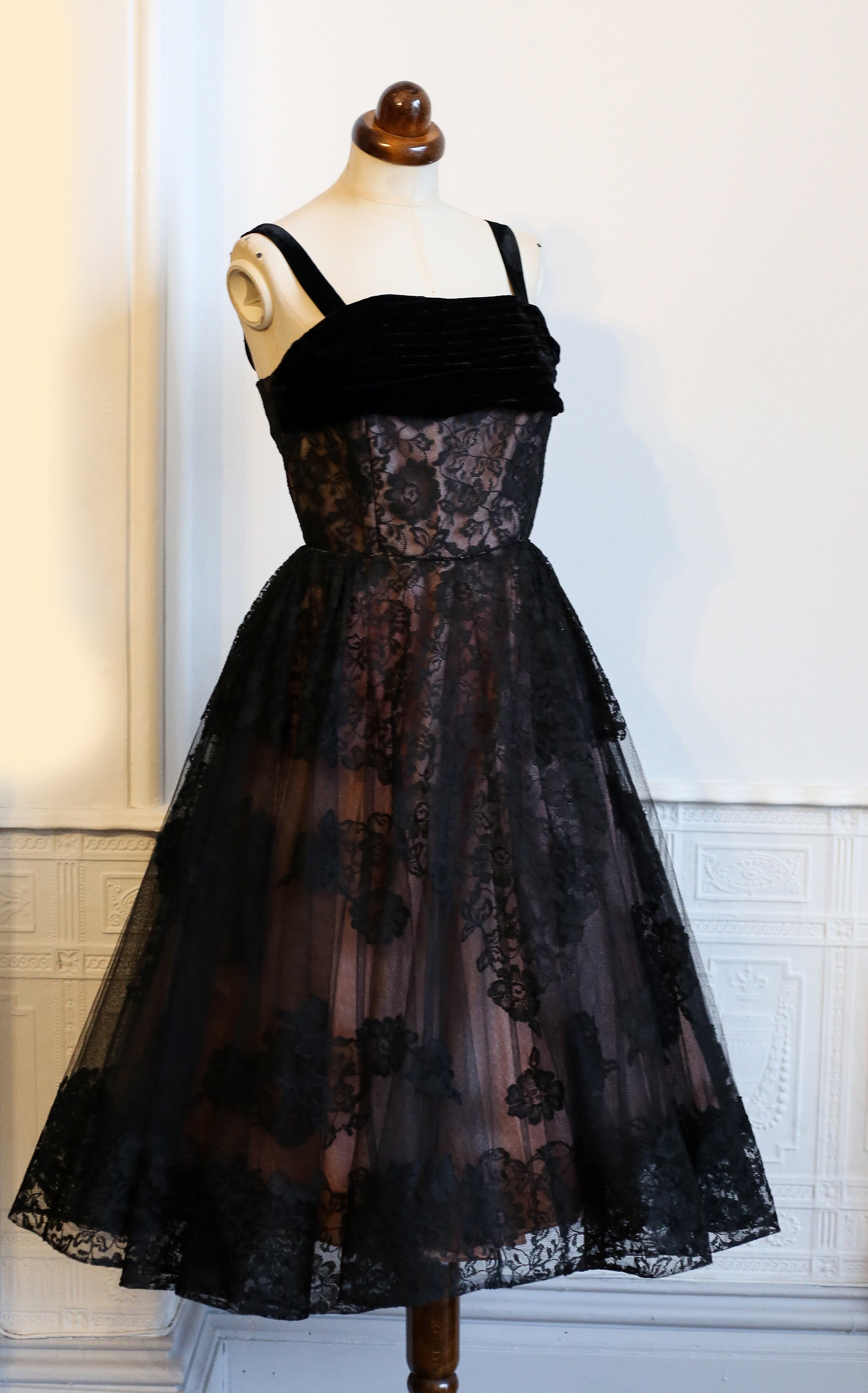 Vintage 1950s Black Pink Lace Tulle Cocktail Dress  ALEXANDRA-KING