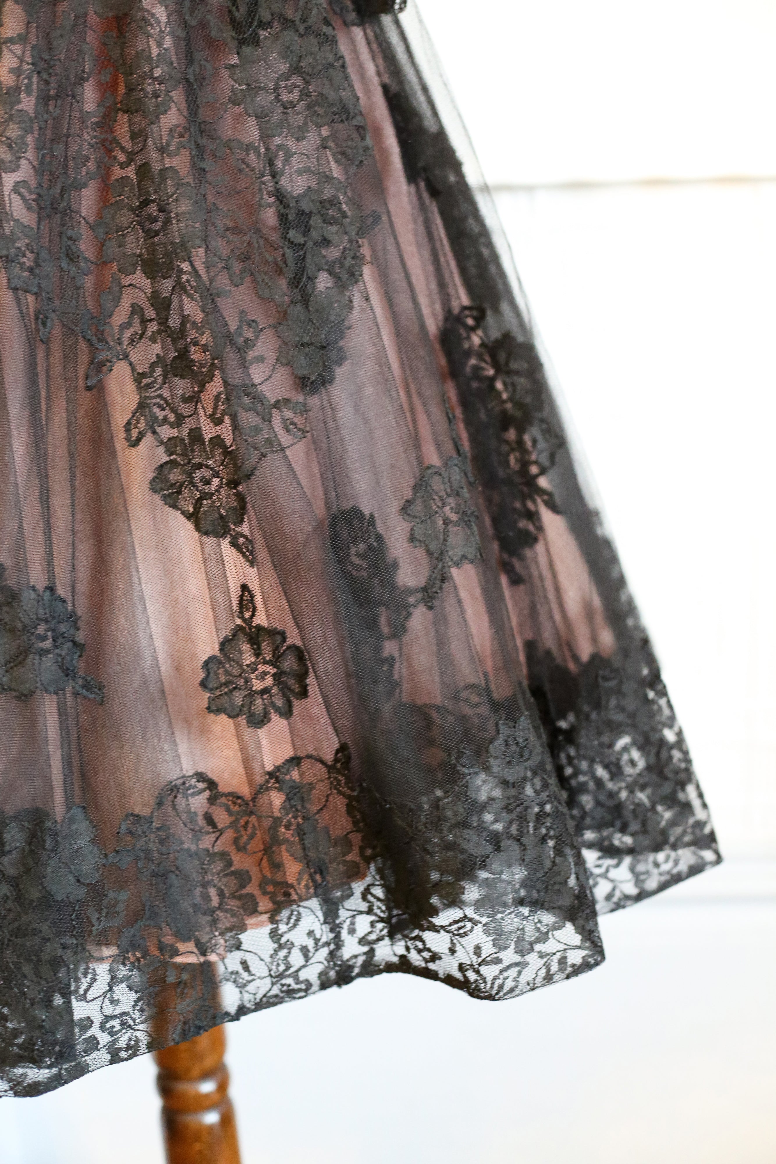 Vintage 1950s Black Pink Lace Tulle Cocktail Dress