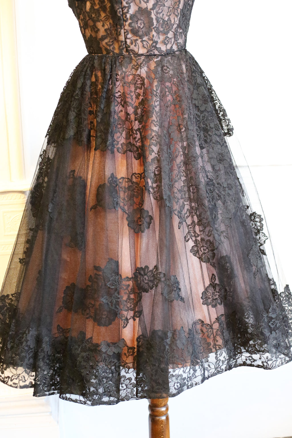 Vintage 1950s Black Pink Lace Tulle Cocktail Dress
