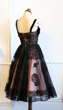 Vintage 1950s Black Pink Lace Tulle Cocktail Dress
