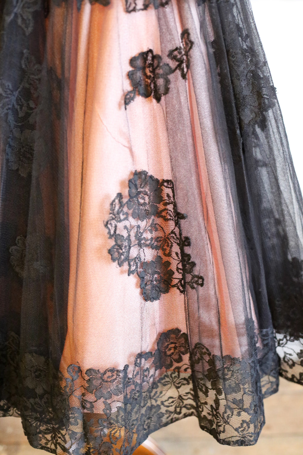Vintage 1950s Black Pink Lace Tulle Cocktail Dress