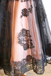 Vintage 1950s Black Pink Lace Tulle Cocktail Dress