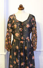 Vintage 1970s Black Floral Muslin Maxi Dress