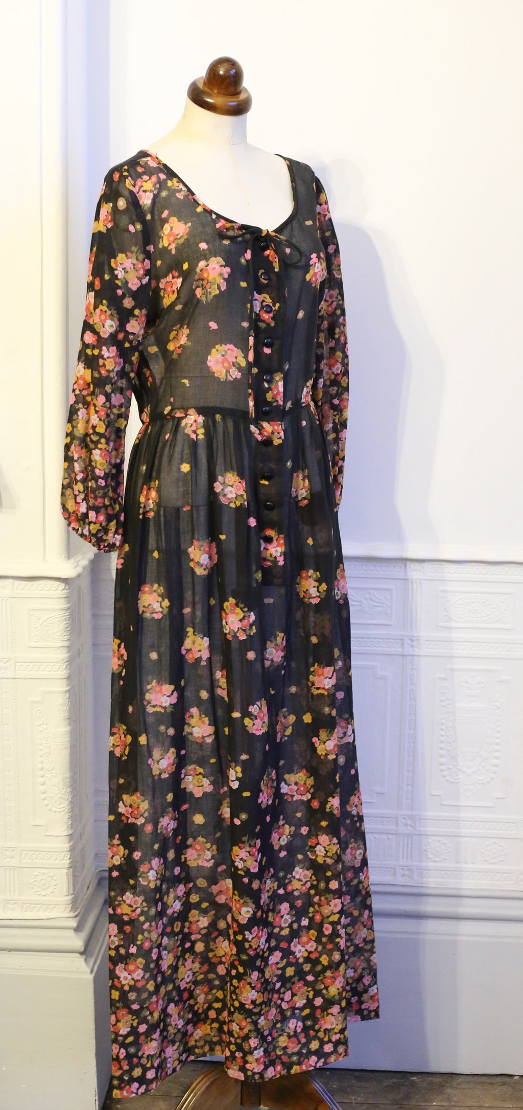 Vintage 1970s Black Floral Muslin Maxi Dress