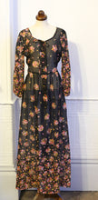 Vintage 1970s Black Floral Muslin Maxi Dress