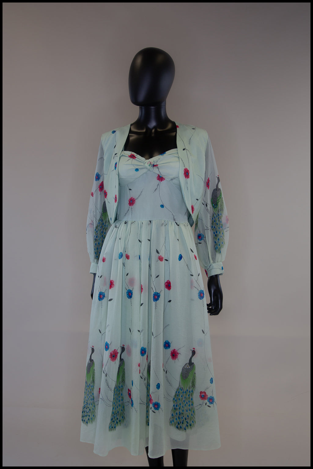 Vintage 1970s Peacock Print Midi Dress