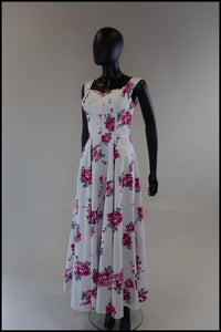 Vintage 1950s White Floral Rose Cotton Maxi Dress