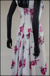 Vintage 1950s White Floral Rose Cotton Maxi Dress