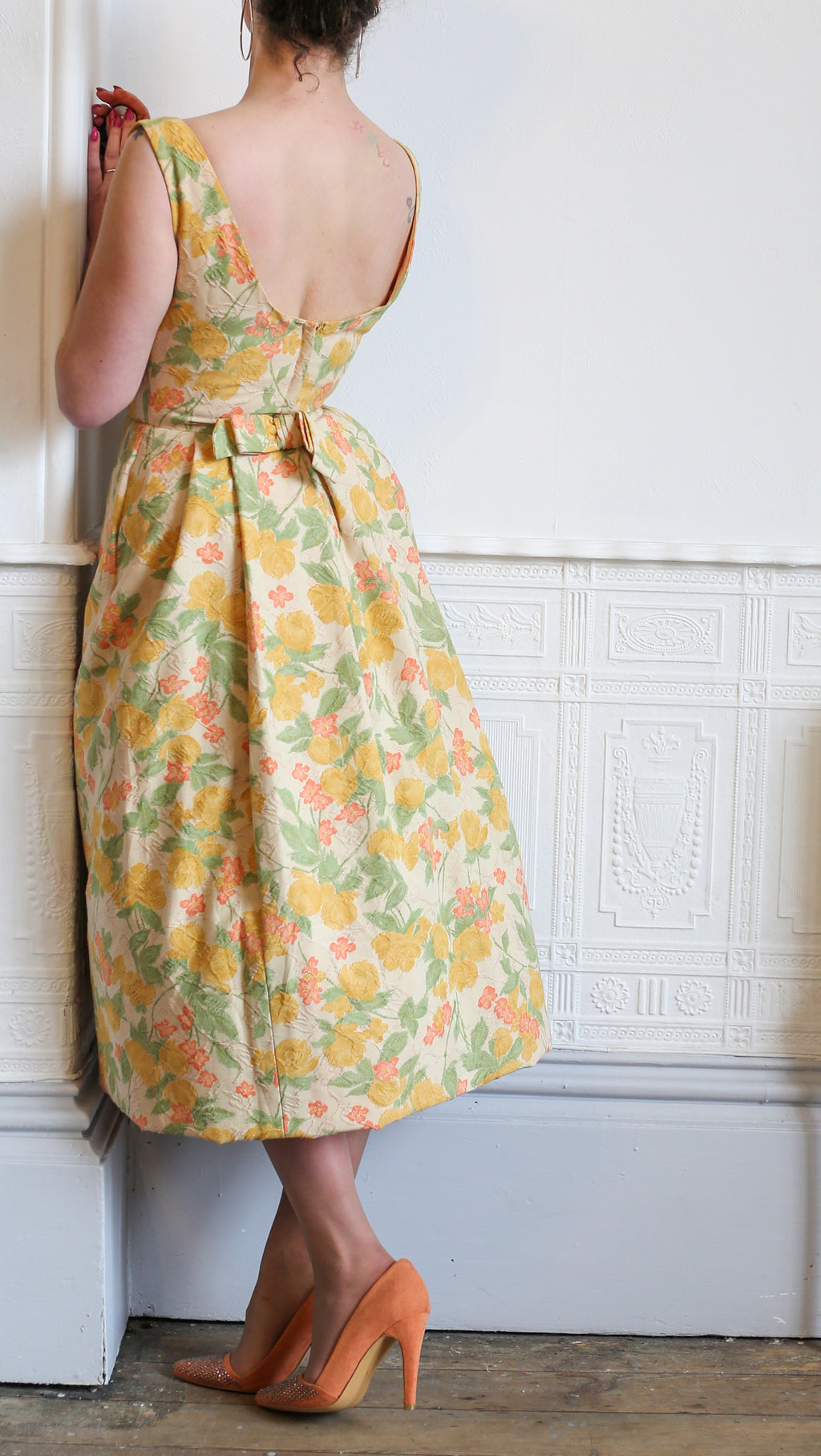 Vintage 1950s Pastel Floral Brocade Cotton Dress