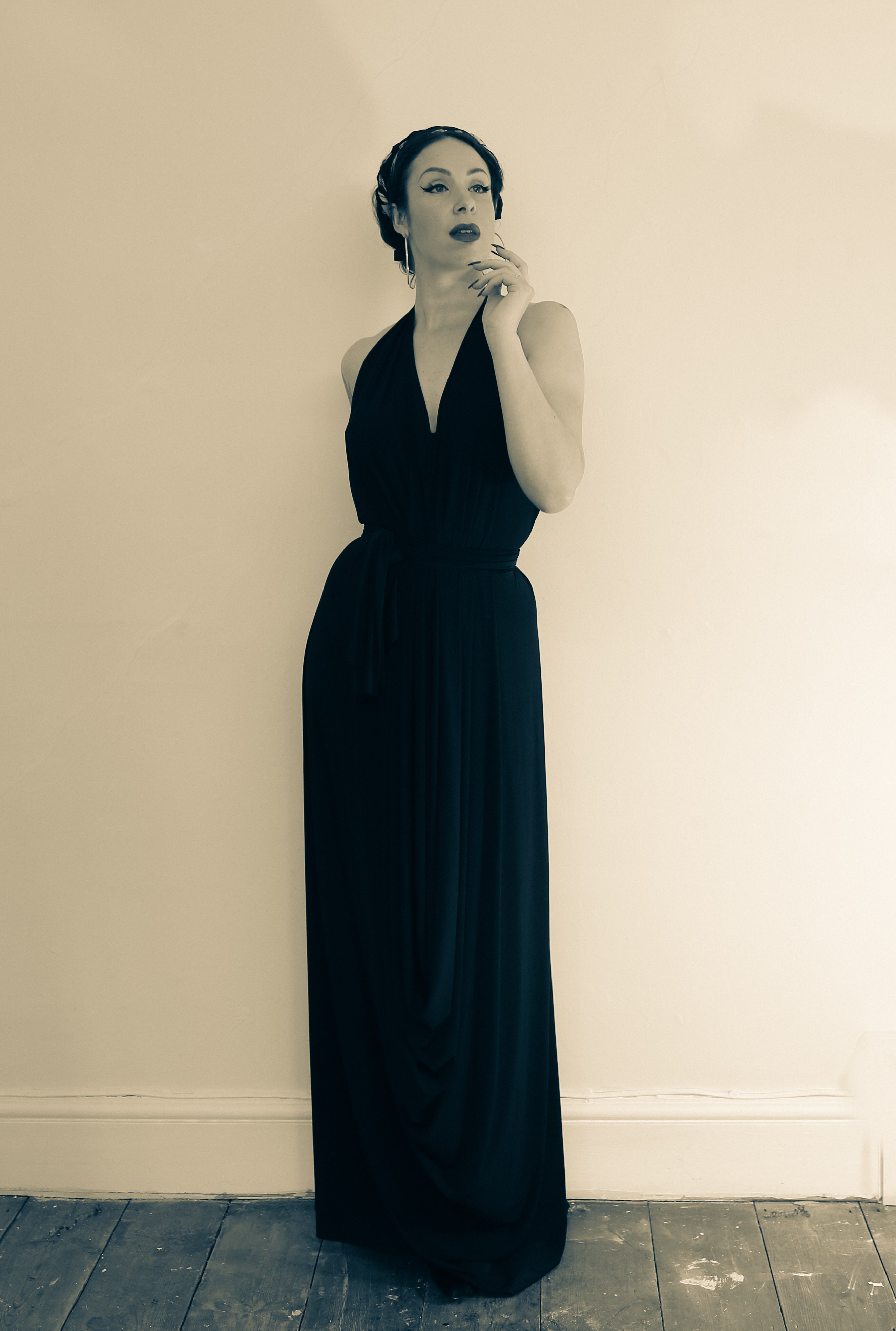 Navy Blue Draped Jersey Goddess Dress