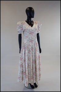 Vintage 1980s White Floral Print Maxi Dress