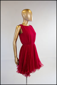 Vintage 1960s Cherry Red Chiffon Cocktail Dress