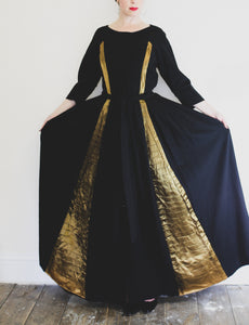 Vintage 1940s Black Gold Wool Dress