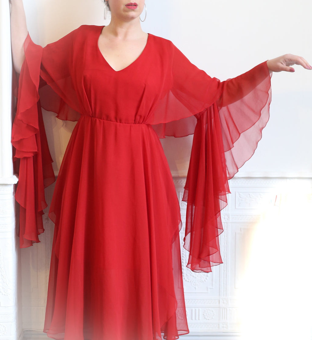 Vintage 1970s Burnt Red Chiffon Dress