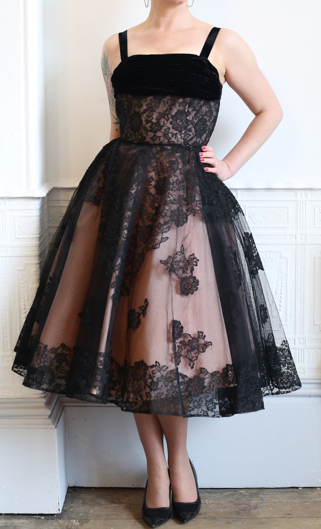 Vintage 1950s Black Pink Lace Tulle Cocktail Dress