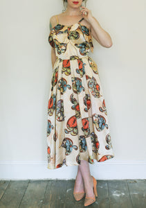 Vintage 1940s Gold Floral Print Satin Dress