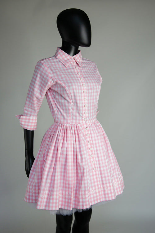 pink gingham mini shirt dress with full skirt alexandra king