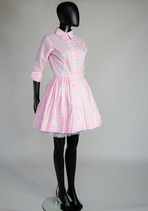 Pink Gingham Cotton Mini Shirt Dress