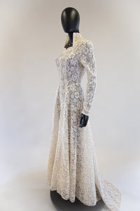Vintage 1950s Ivory Gold Lace Princess Gown