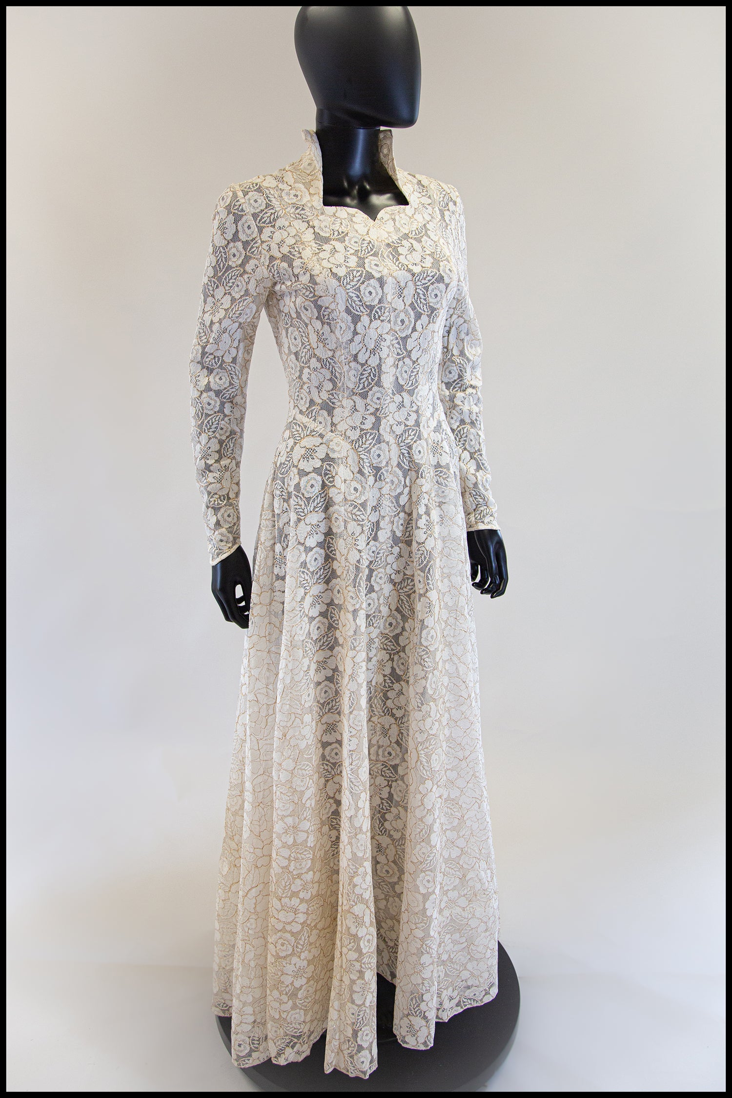 Vintage 1950s Ivory Gold Lace Princess Gown