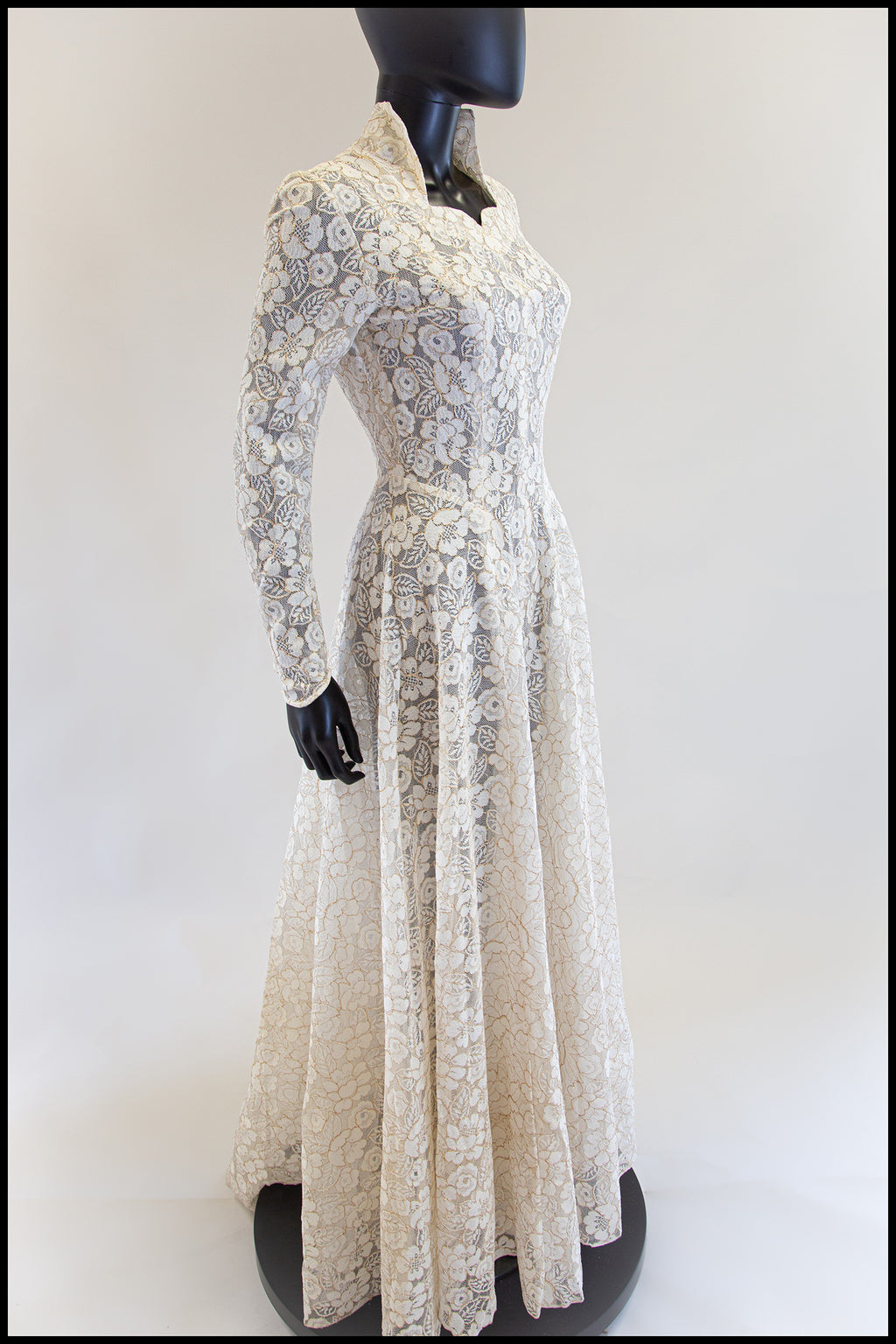 Vintage 1950s Ivory Gold Lace Princess Gown