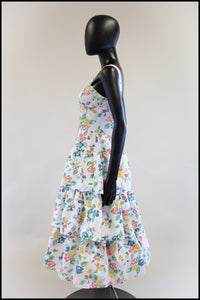 Vintage 1980s White Floral Cotton Tiered Dress