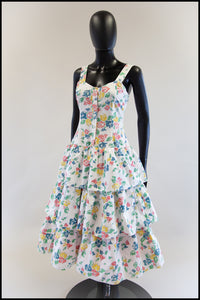 Vintage 1980s White Floral Cotton Tiered Dress