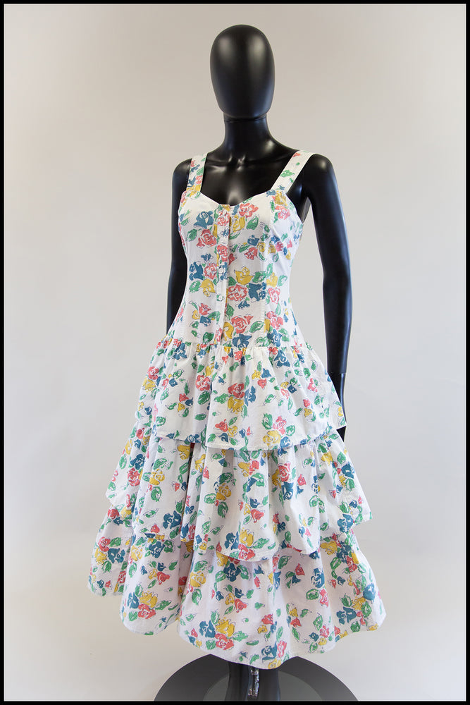 Vintage 1980s White Floral Cotton Tiered Dress
