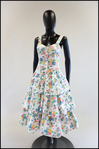 Vintage 1980s White Floral Cotton Tiered Dress